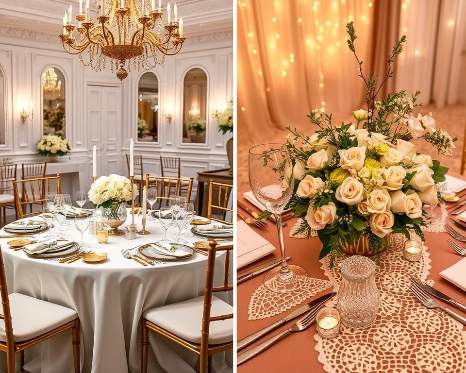 Elegante tafeldecoratie voor formele diners en feestelijke tafeldecoratie voor bruiloften