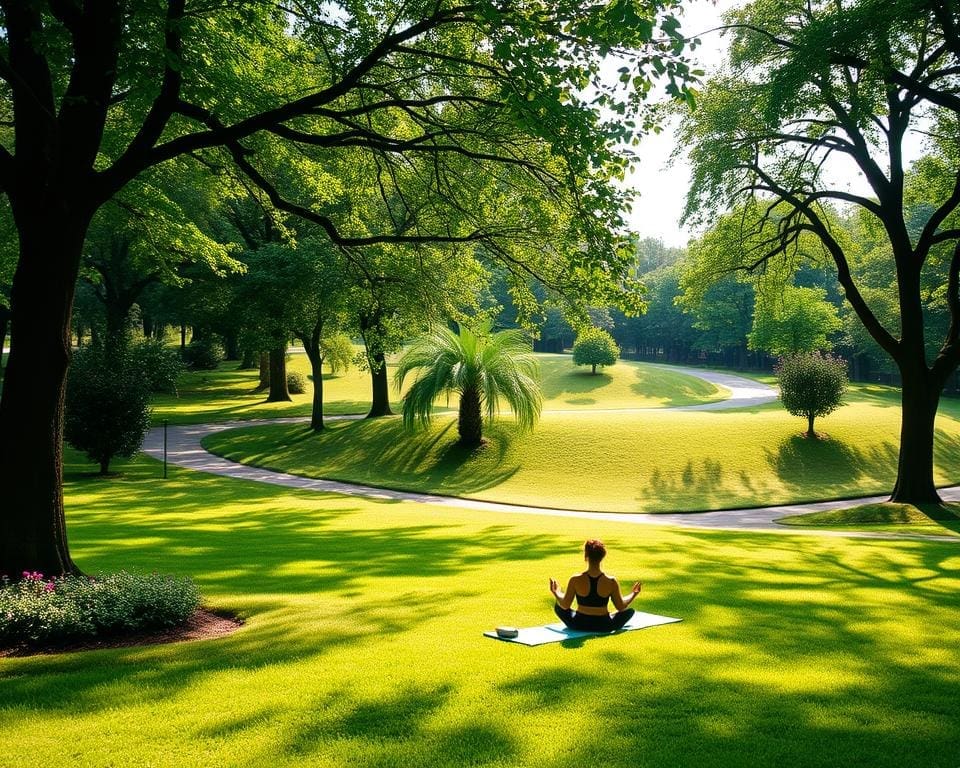 Parkwandeling met ontspannende yoga sessies en groene rust