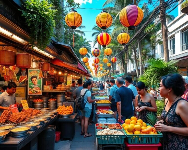 Proef de gerechten van de straatmarkten van Kuala Lumpur