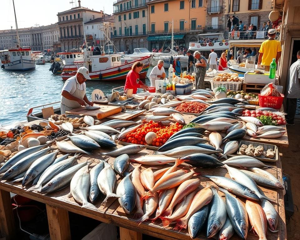 Proef de verse visgerechten in de haven van Palermo