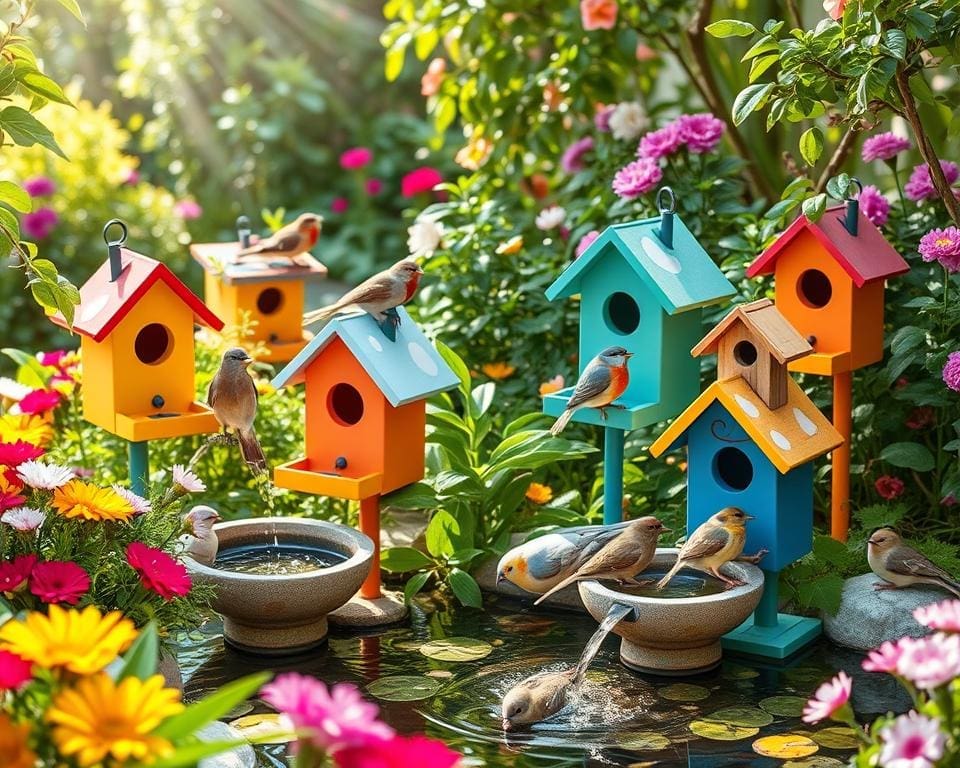 Vogelhuisjes met ingebouwde waterbak